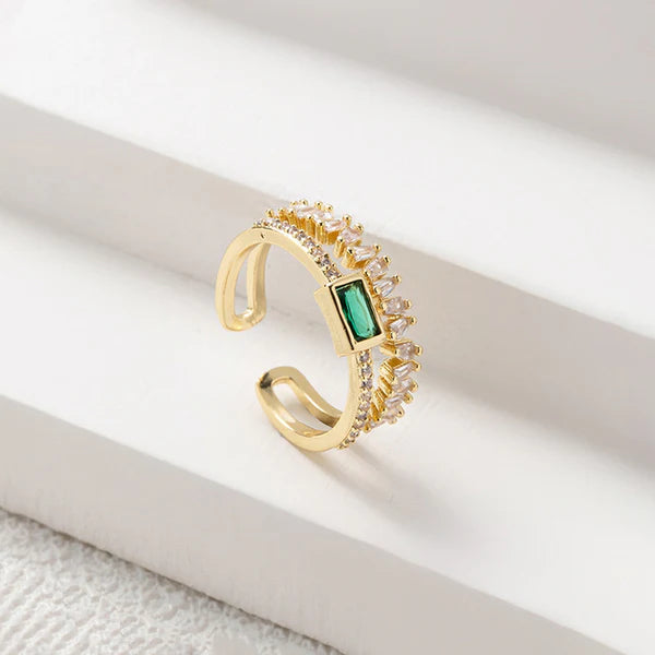 Anti-Tarnish Gold Plated Stainless Steel Green Emerald Adjustable Ring